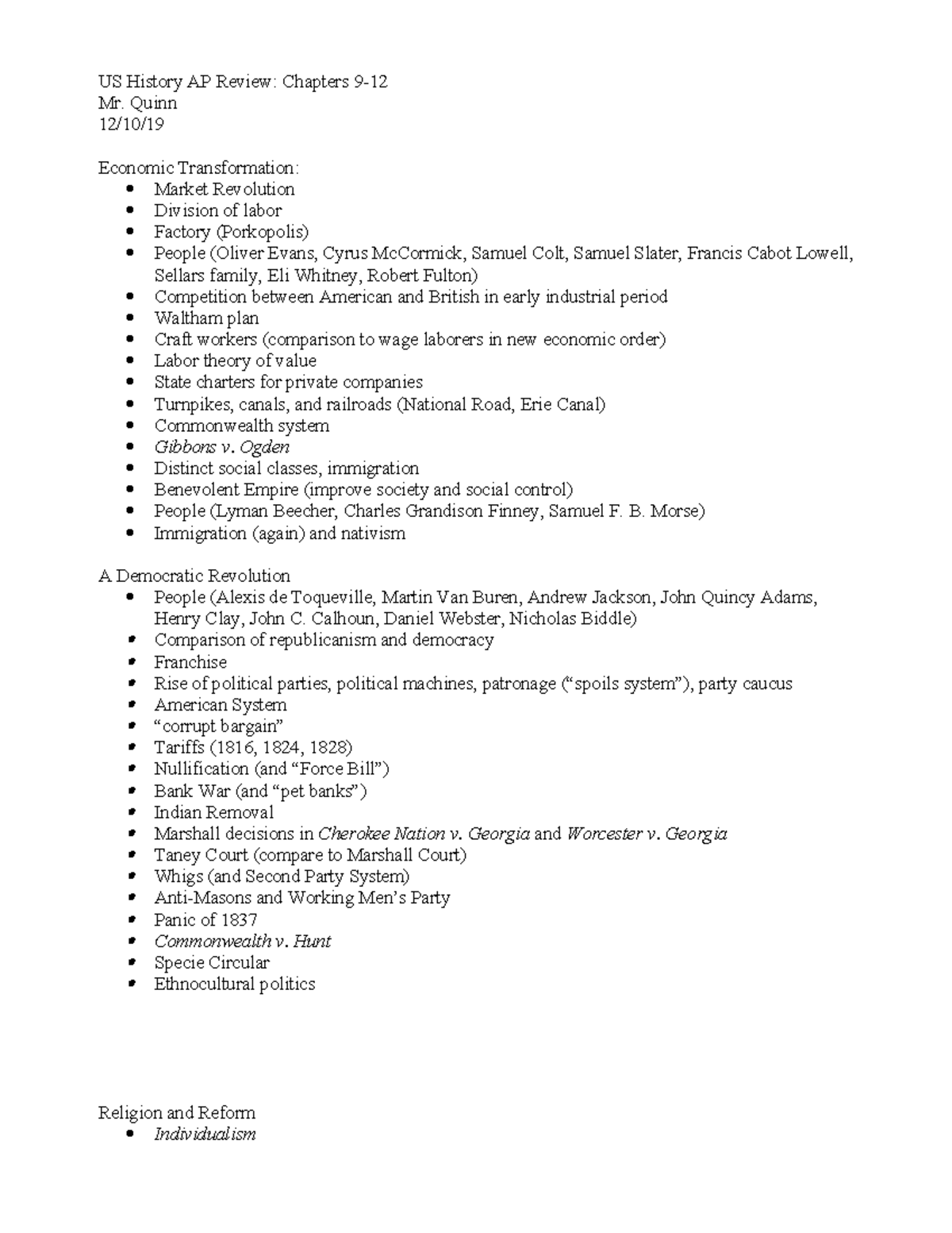 Review for Test (AP) Chpts 9-12 - US History AP Review: Chapters 9- Mr ...
