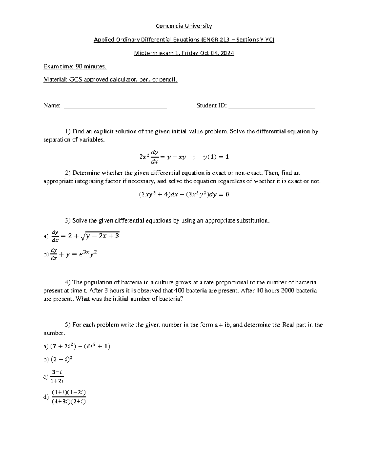 ENGR 213 Midterm Exam 1: Applied Ordinary Differential Equations - Studocu