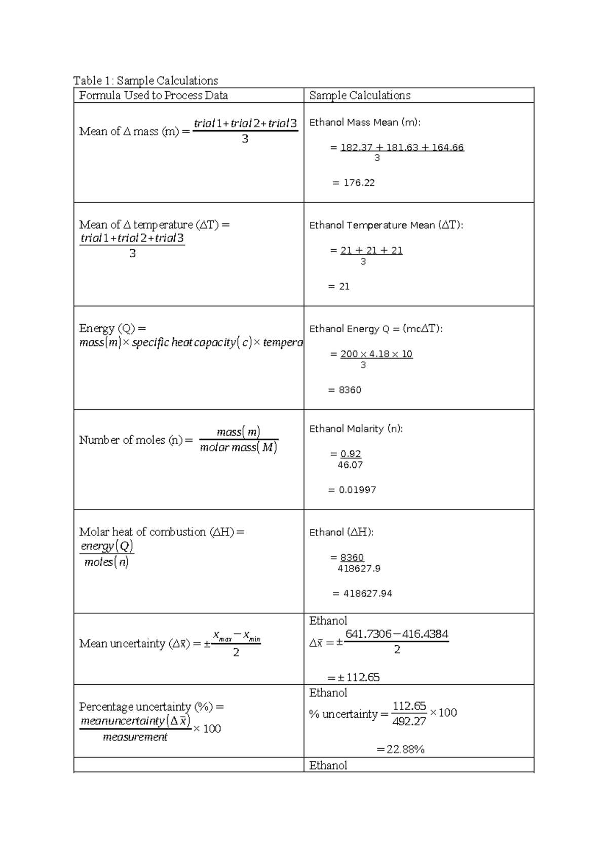 Sample Calculations for Ethanol Properties and Energy (CHEM 101) - Studocu