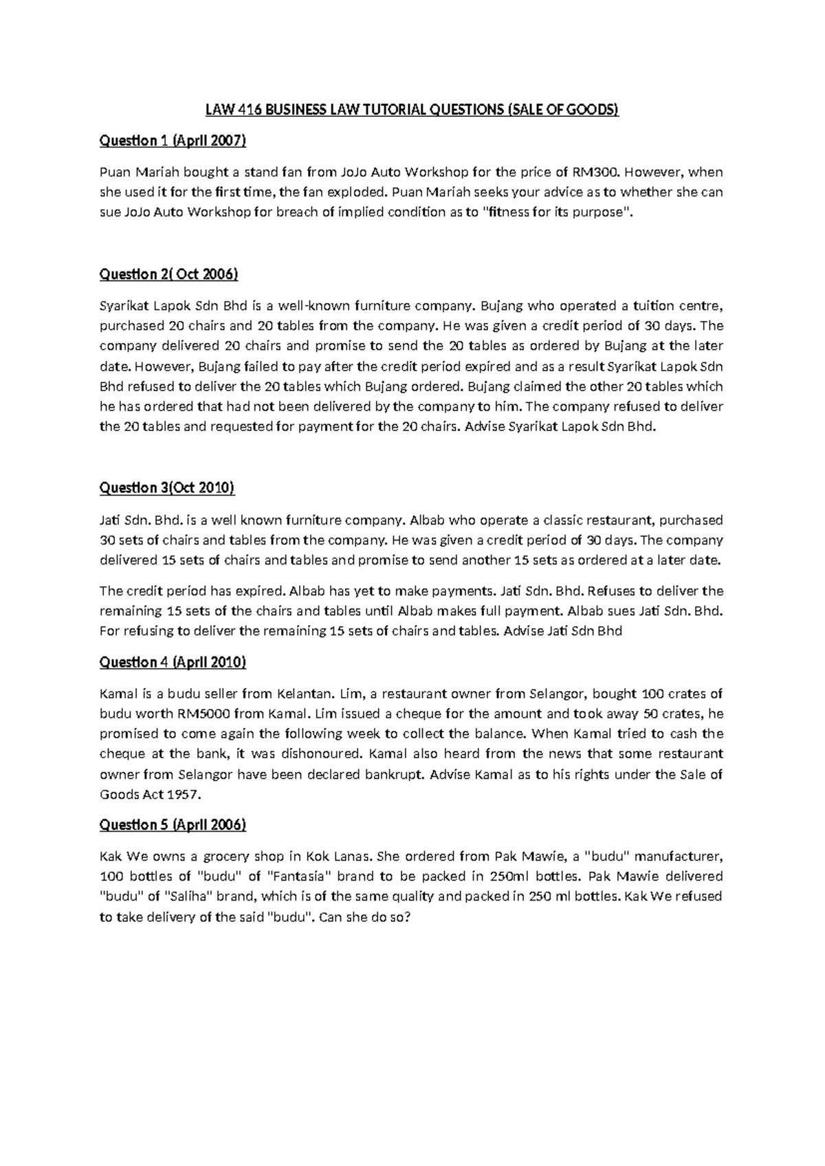 LAW 416 Final Exam: Past Year Tutorial Questions on Sale of Goods - Studocu