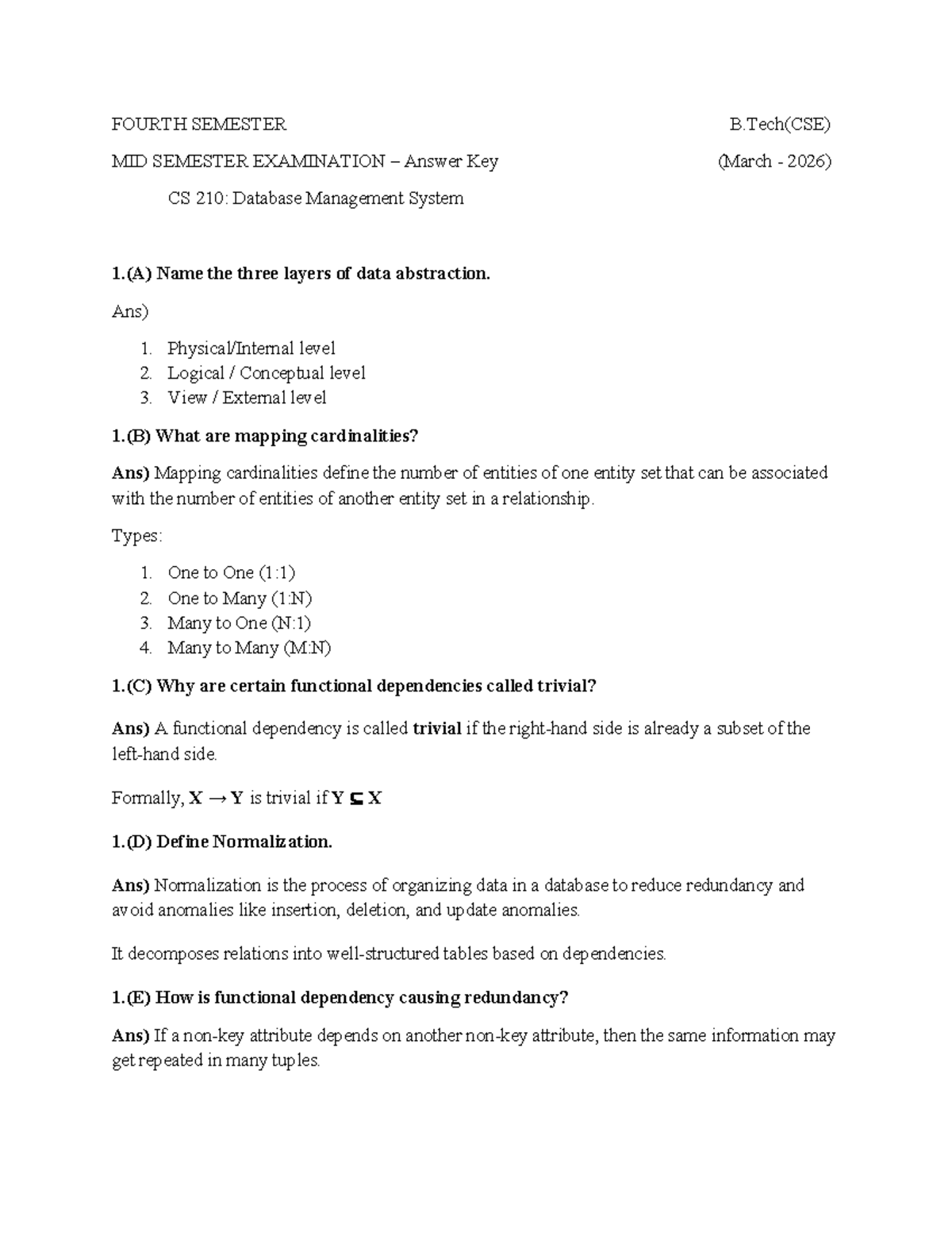 DBMS (CS210) Mid Sem Exam Answer Key - March 2026 - Studocu