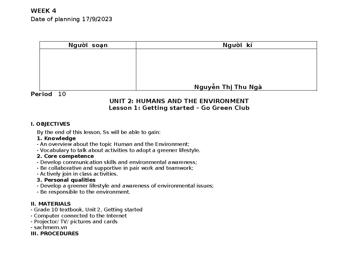 Week 4 - Unit 2: Humans and the Environment Lesson Plans - Studocu