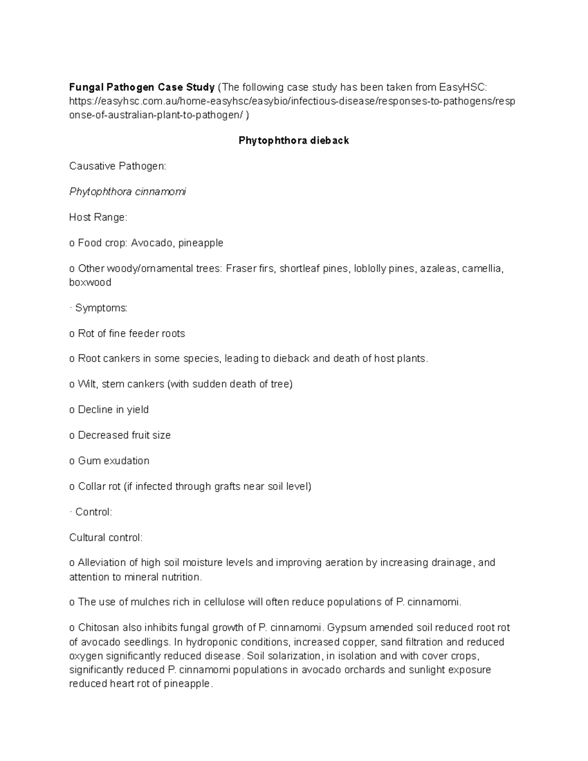 Mod 7 Fungal Pathogen Case Study: Phytophthora cinnamomi Insights - Studocu