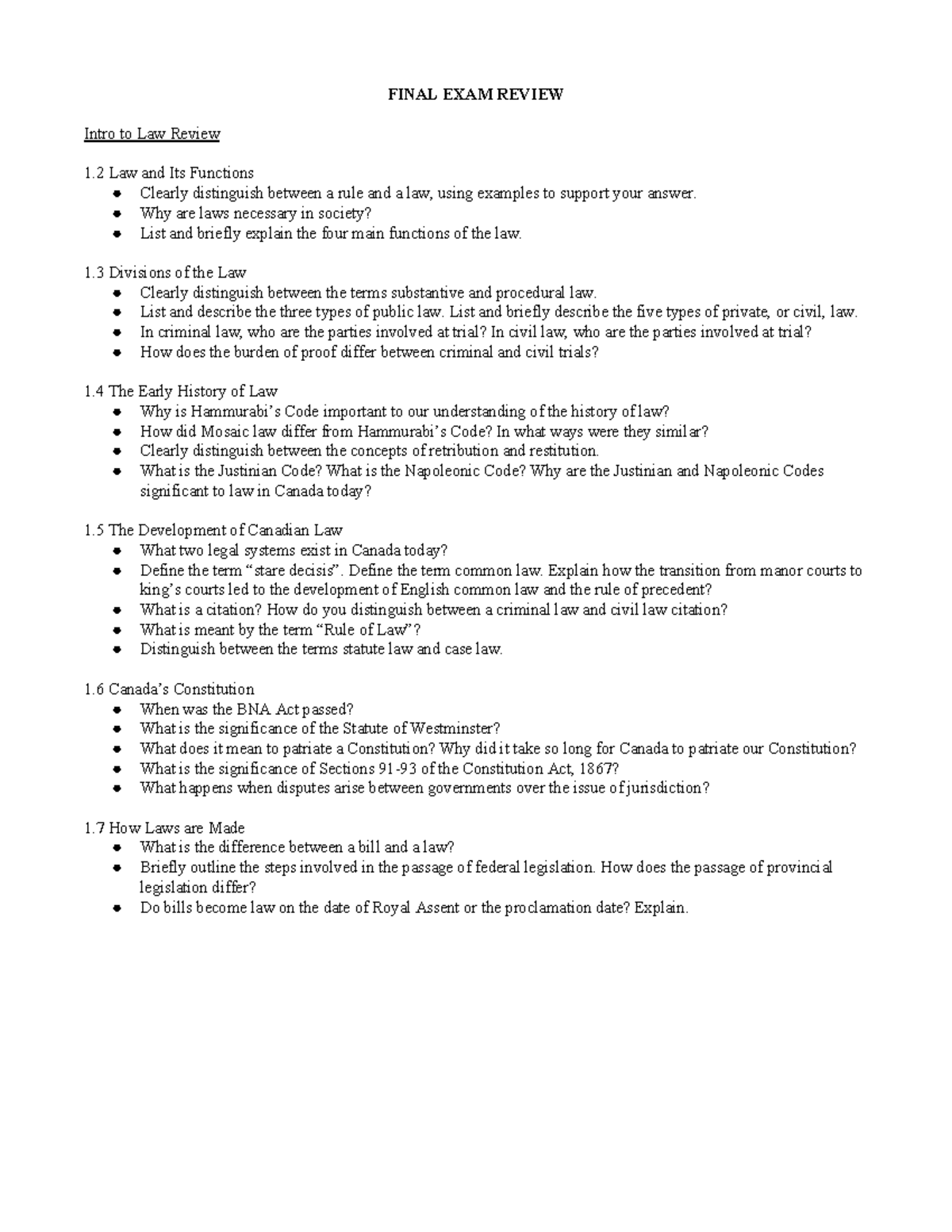 Final Exam Study Guide: Intro to Law (LAW 101) and Rights Analysis ...