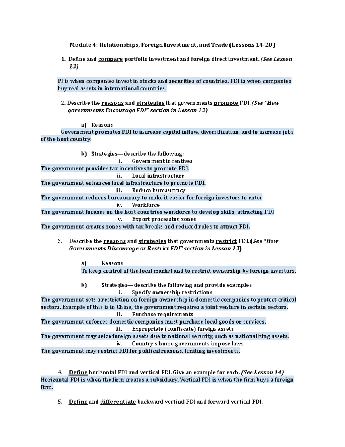 D080 Study Guide: Module 4 - FDI, Trade, and Organizational Structures ...