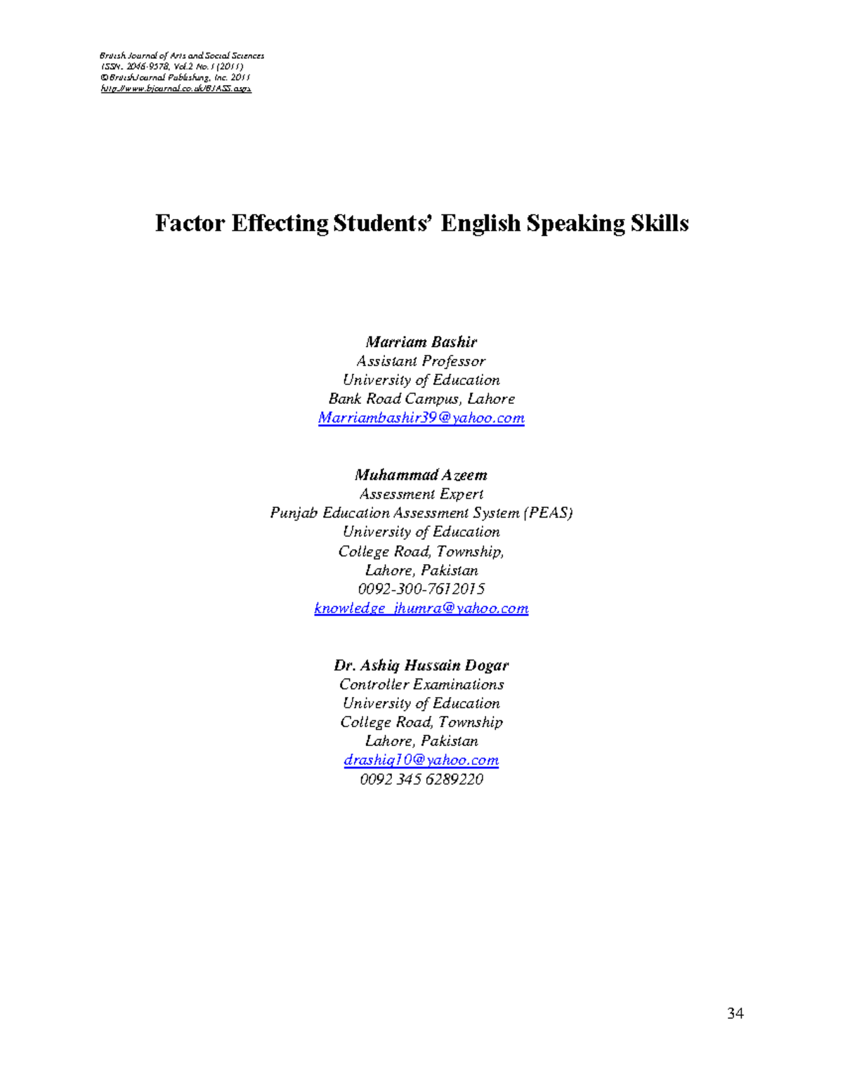 Factor Effecting Students English Speaking Skills - ISSN: 2046-9578 ...
