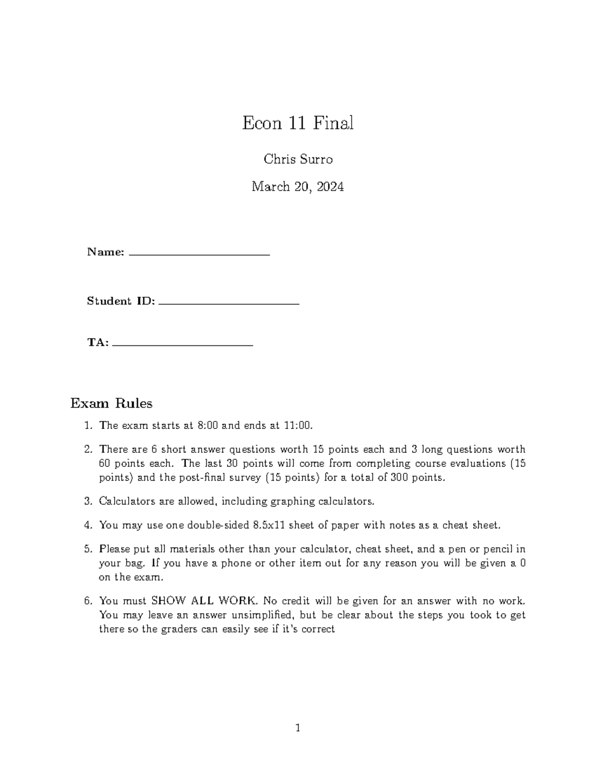 Econ 11 Final Exam Solutions - March 2024 by Chris Surro - Studocu