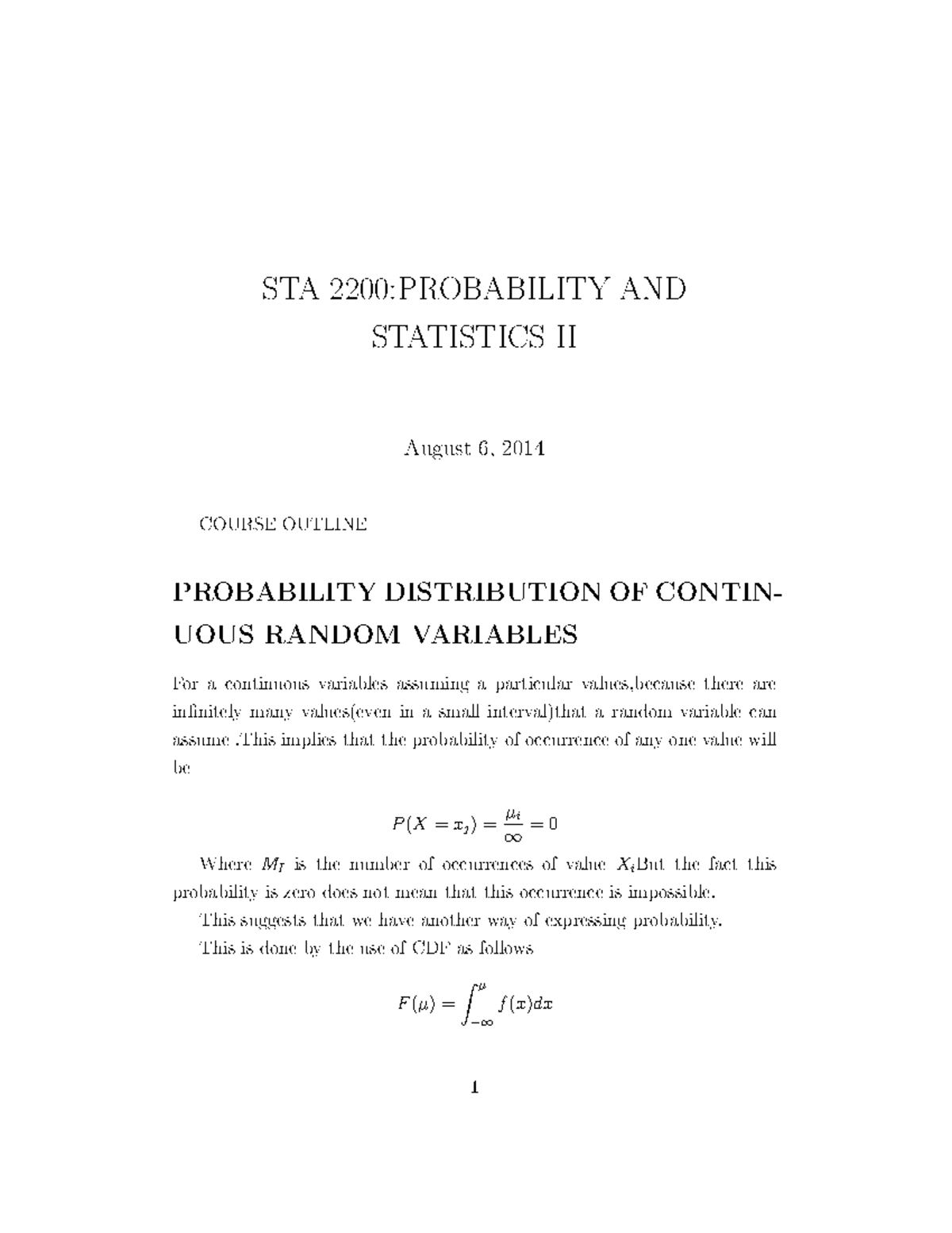 SMS 3200: Probability and Statistics II Course Outline Notes - Studocu