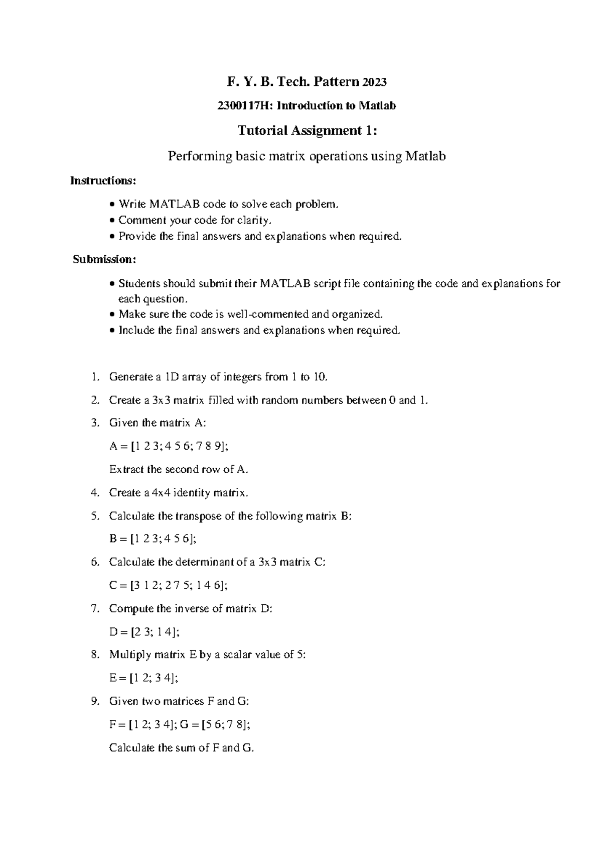 F.Y.B.Tech. 2023 2300117H: MATLAB Assignment 1 - Basic Matrix Ops - Studocu