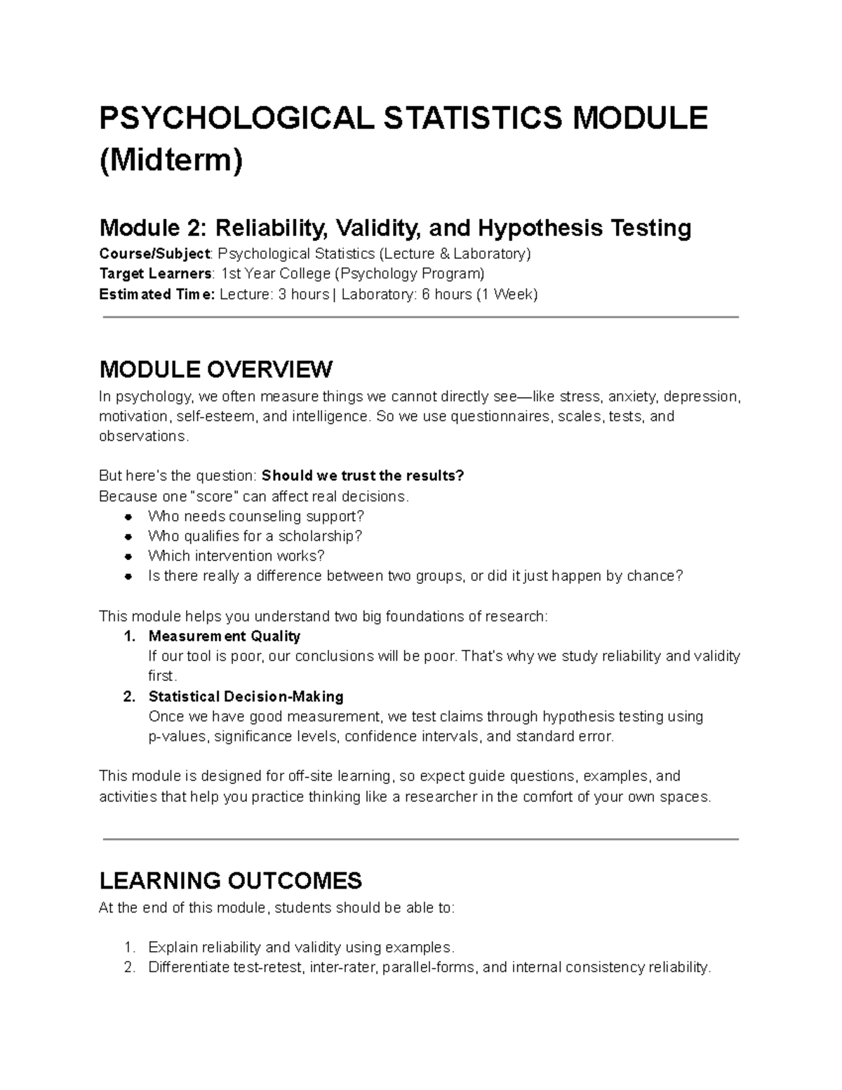 Module 2: Reliability, Validity, and Hypothesis Testing in PSY 102 ...