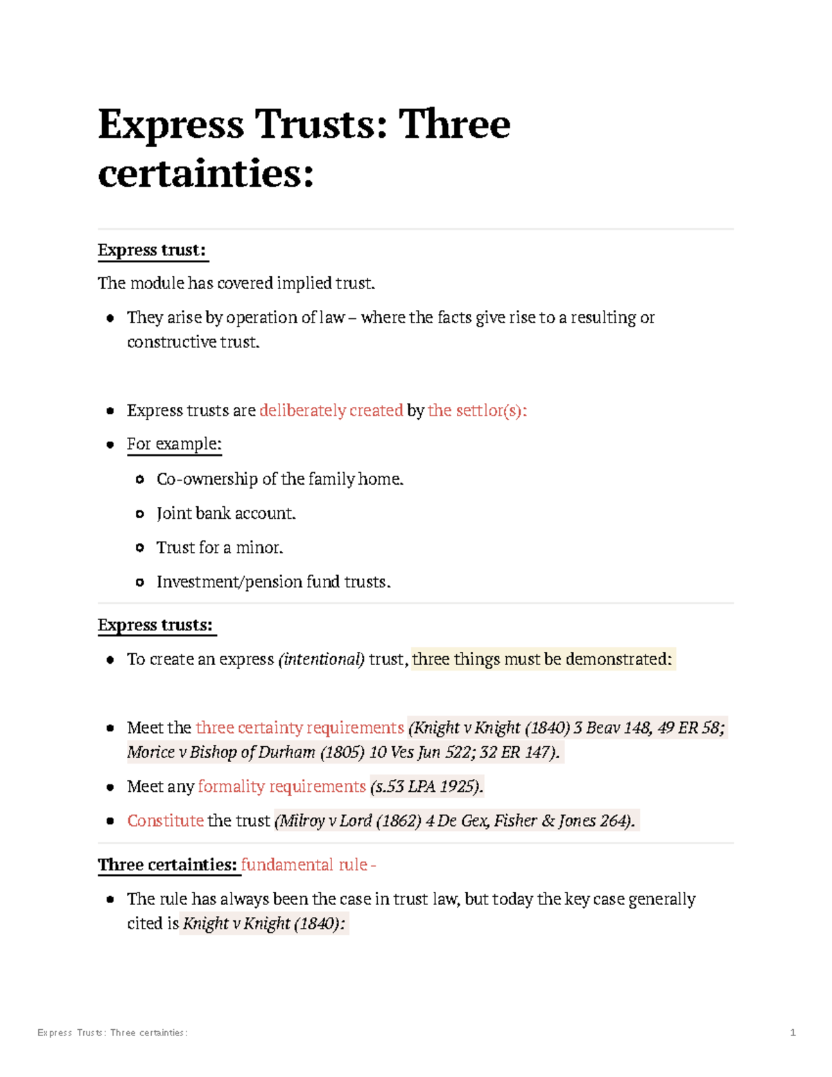 Express Trusts: Understanding the Three Certainties in Law - Studocu