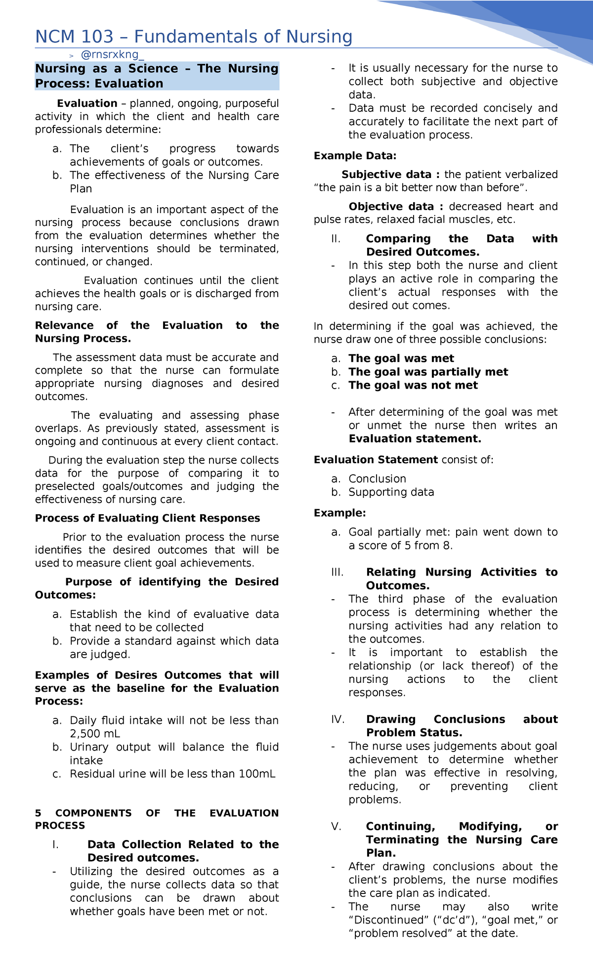 NCM 103 - Evaluation Process in Nursing Care Planning - Studocu