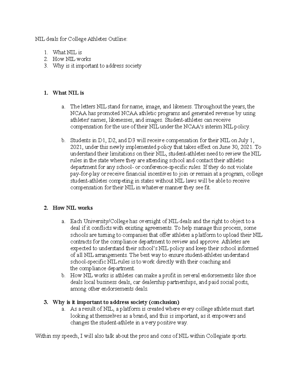 NIL Deals for College Athletes: Outline and Implications - Studocu
