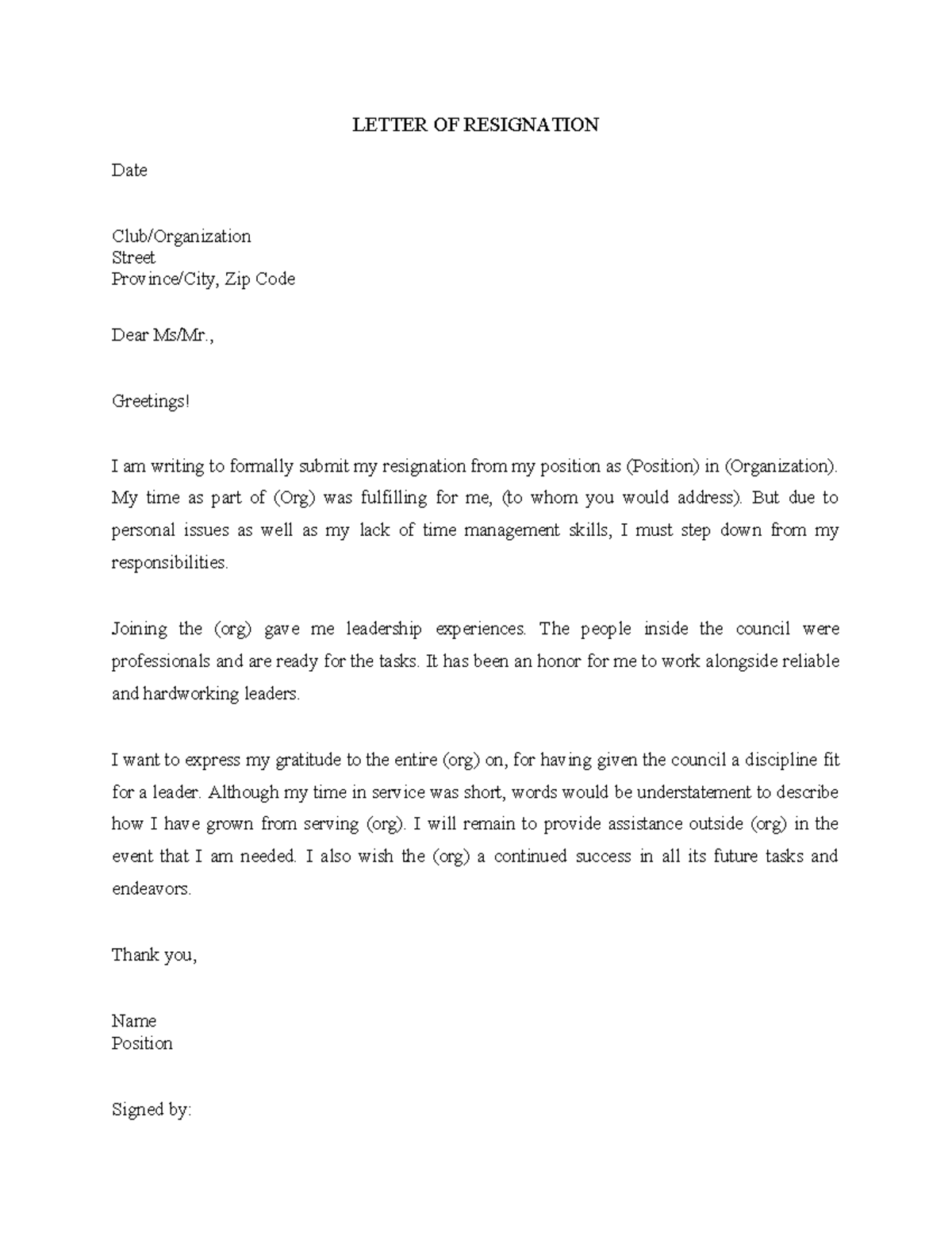 Letter of Resignation Template for Club/Org Use - Studocu
