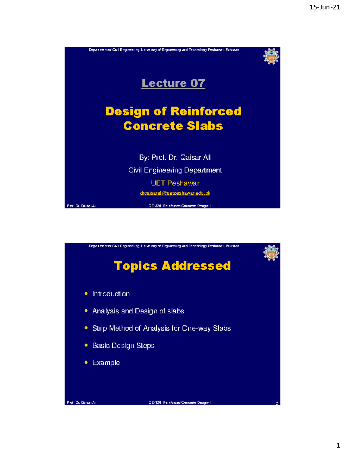 CE-320 Lecture 07: Design of Reinforced Concrete Slabs Overview - Studocu