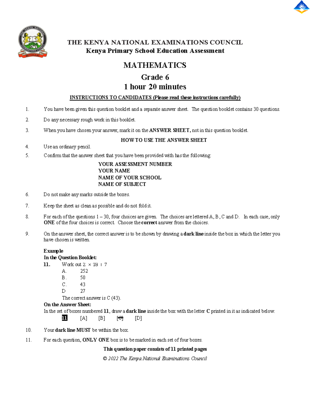 Mathematics Grade 6 Sample Exam Questions and Instructions - Studocu
