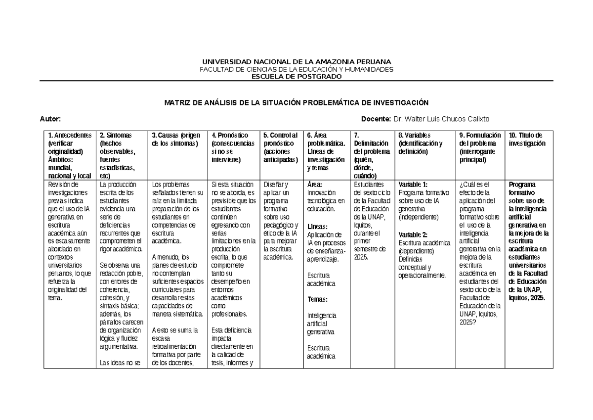 Matriz de Análisis de la Situación Problemática de Investigación - UNAP ...