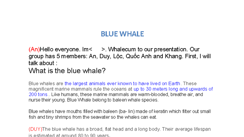 BLUE WHALE Presentation Script - Group Project Overview - Studocu