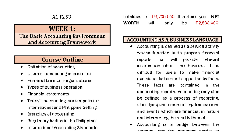 ACT253 WEEK 1: Understanding the Basic Accounting Environment and ...