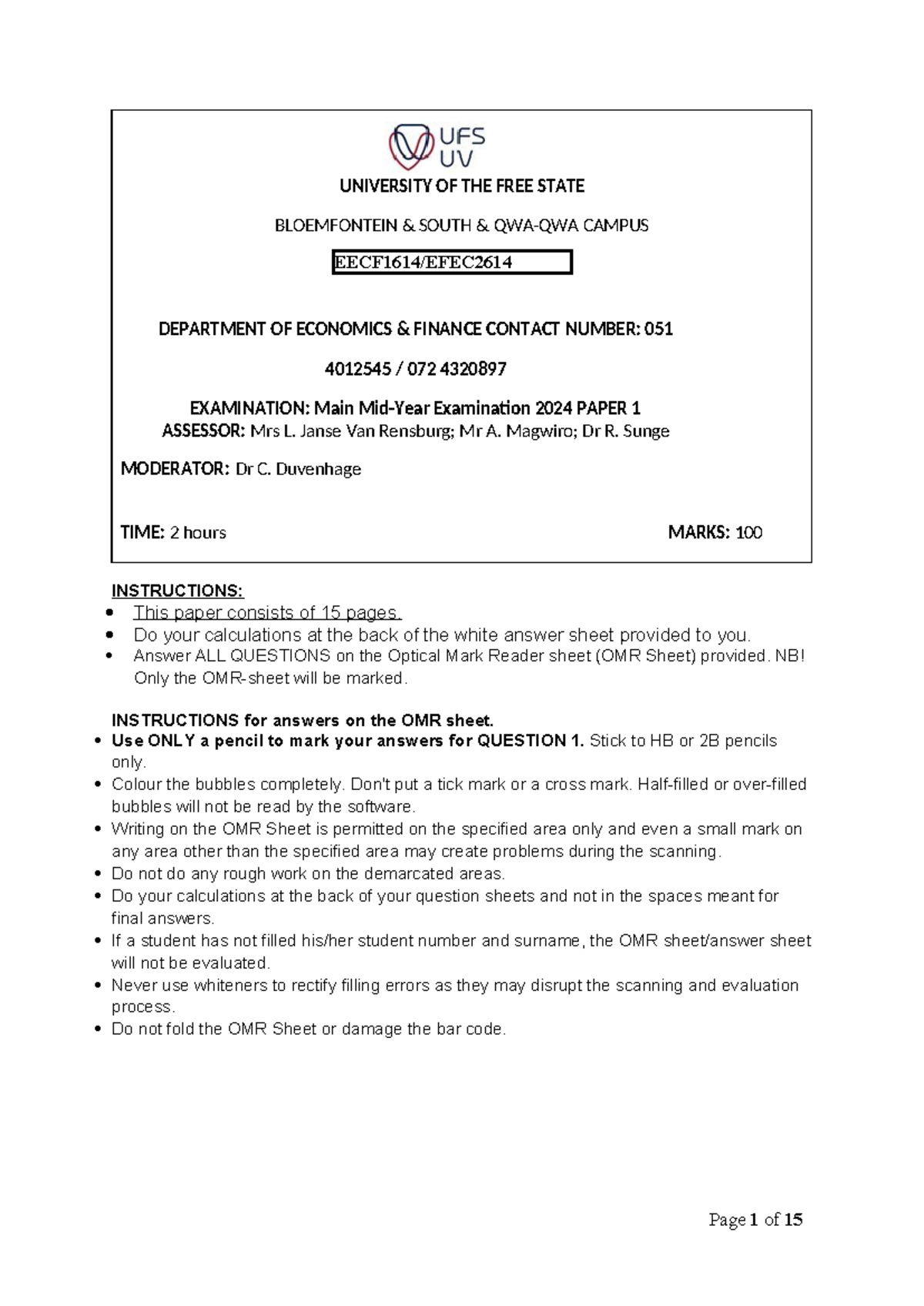 EECF1614 2024 Main Exam Paper 1 - Economics and Finance - Studocu