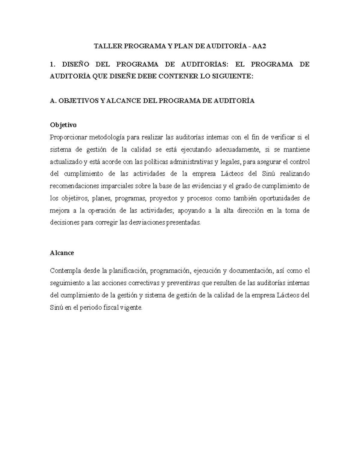 Taller Programa y Plan de Auditoria - AA2: Análisis y Propuestas - Studocu