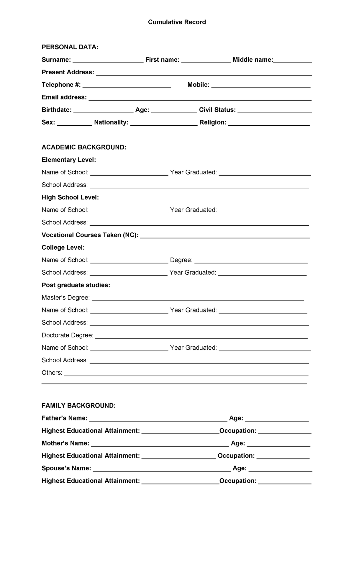 Cummulative record - Cumulative Record PERSONAL DATA: Surname ...