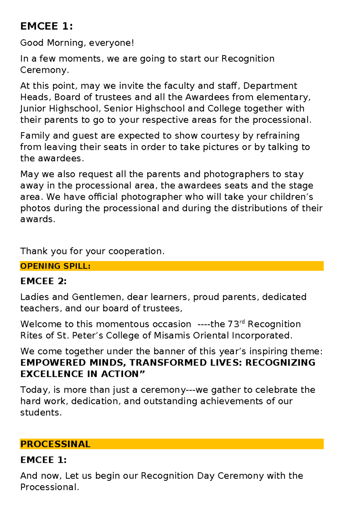 EMCEE 1: Recognition Ceremony Script for St. College of Misamis ...