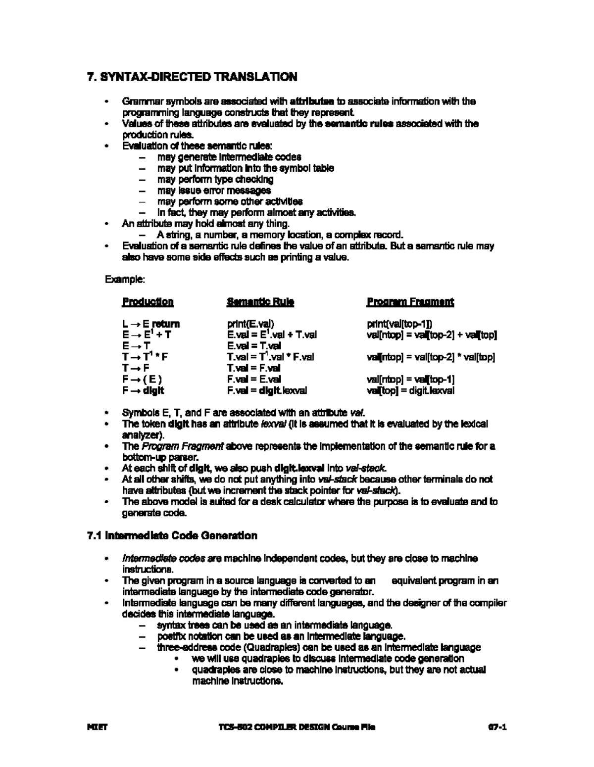 MIET COMPILER DESIGN Course File: CD Class Notes for Units 3, 4, and 5 ...