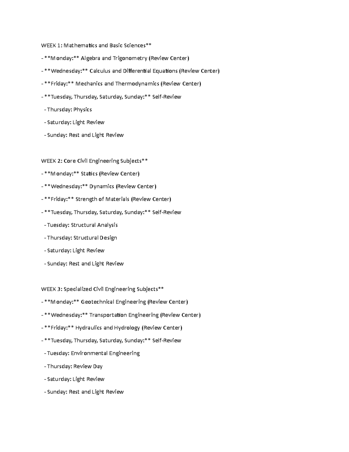 CELE Coverage Schedule: Weeks 1-3 Review Centers and Topics - Studocu