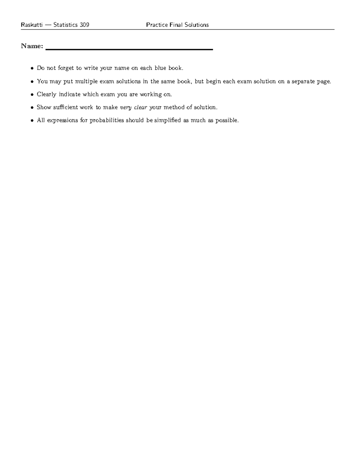 Raskutti Statistics 309 Practice Final Exam Solutions - Studocu