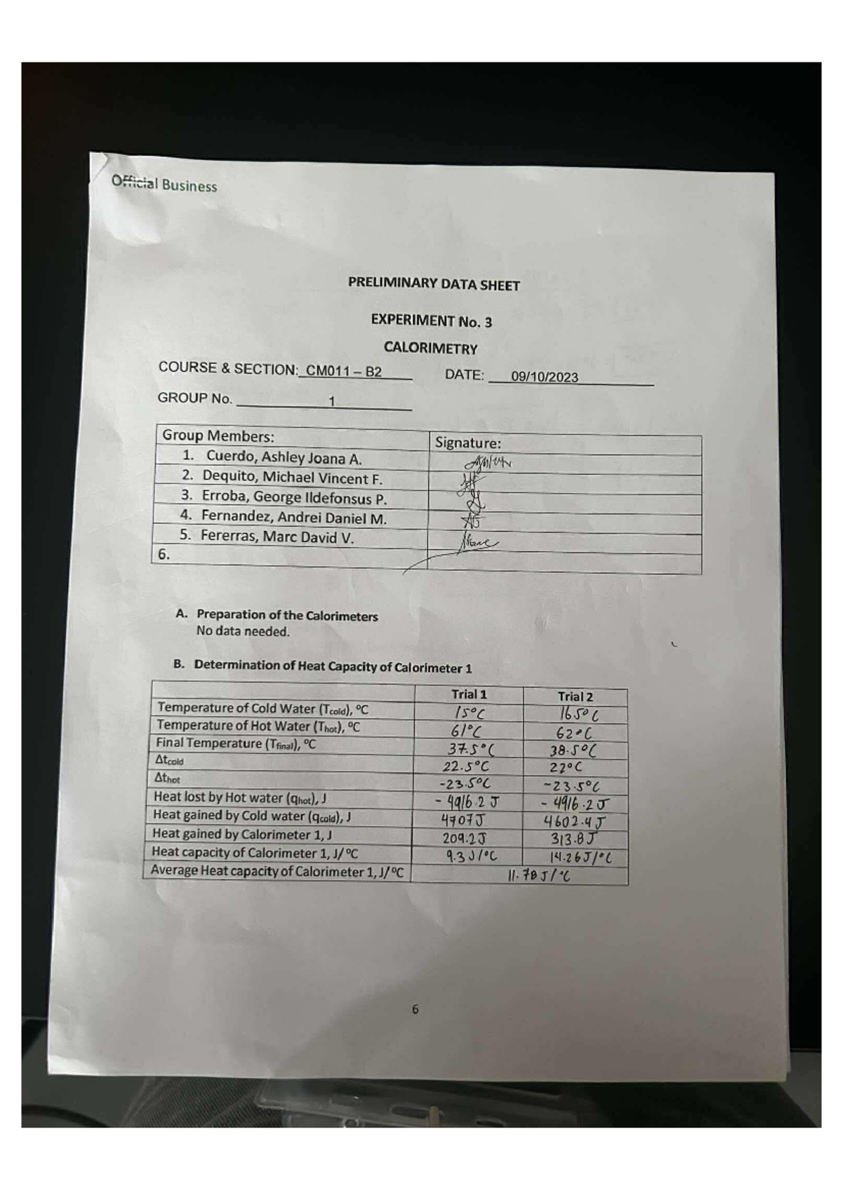 C692 - Experiment 3: Calorimetry Preliminary Data Sheet - Studocu