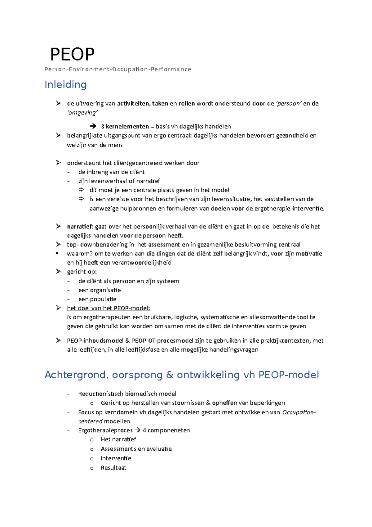 PEOP OT Modellen: Een Uitgebreide Inleiding en Toepassing - Studocu