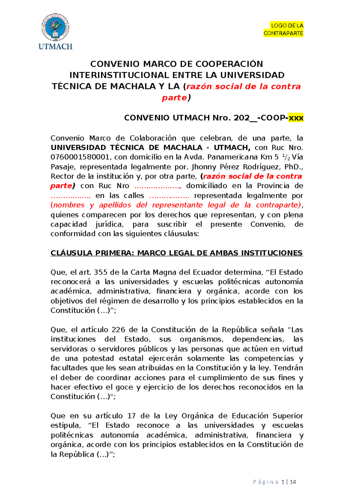 Convenio marco de cooperación interinstitucional UTMACH y contraparte ...
