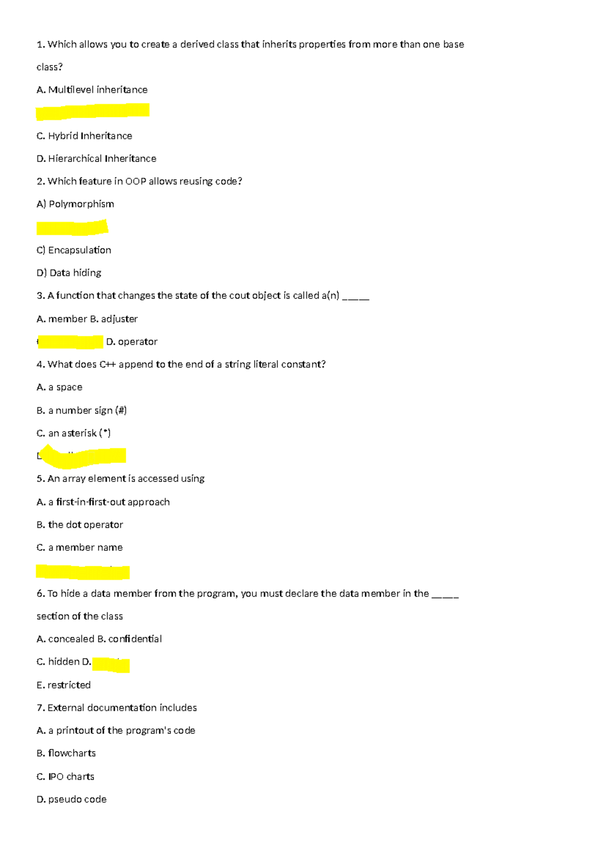 C++ MCQ Questions & Answers - CS101 Final Exam Preparation - Studocu