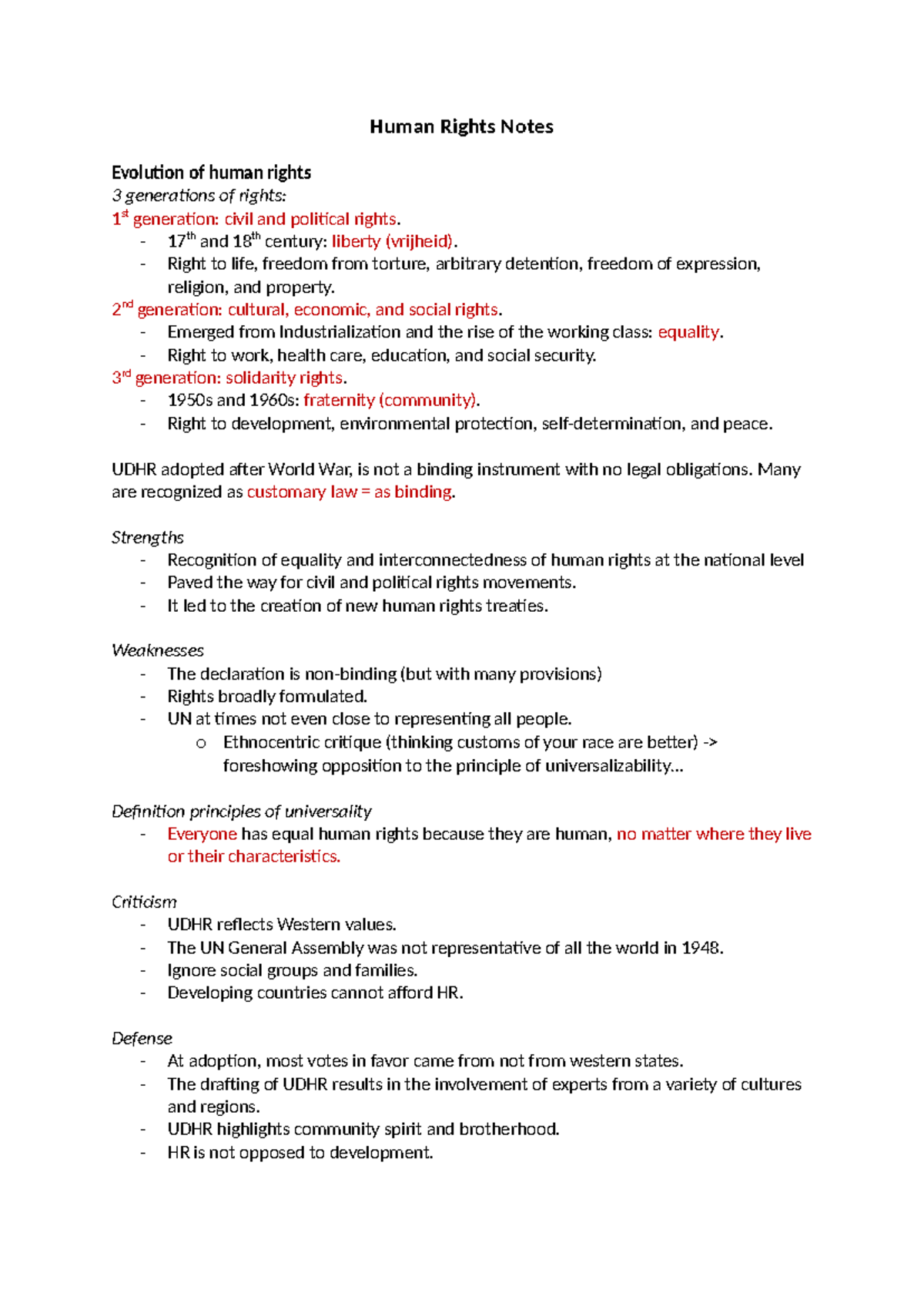Human Rights Lecture 1 Notes - Evolution and Key Principles - Studeersnel