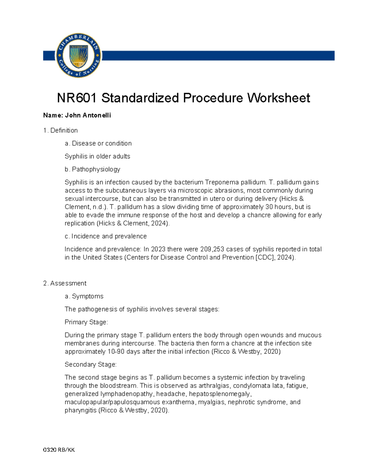 NR601 FNP Standardized Procedure Worksheet: Syphilis in Older Adults ...