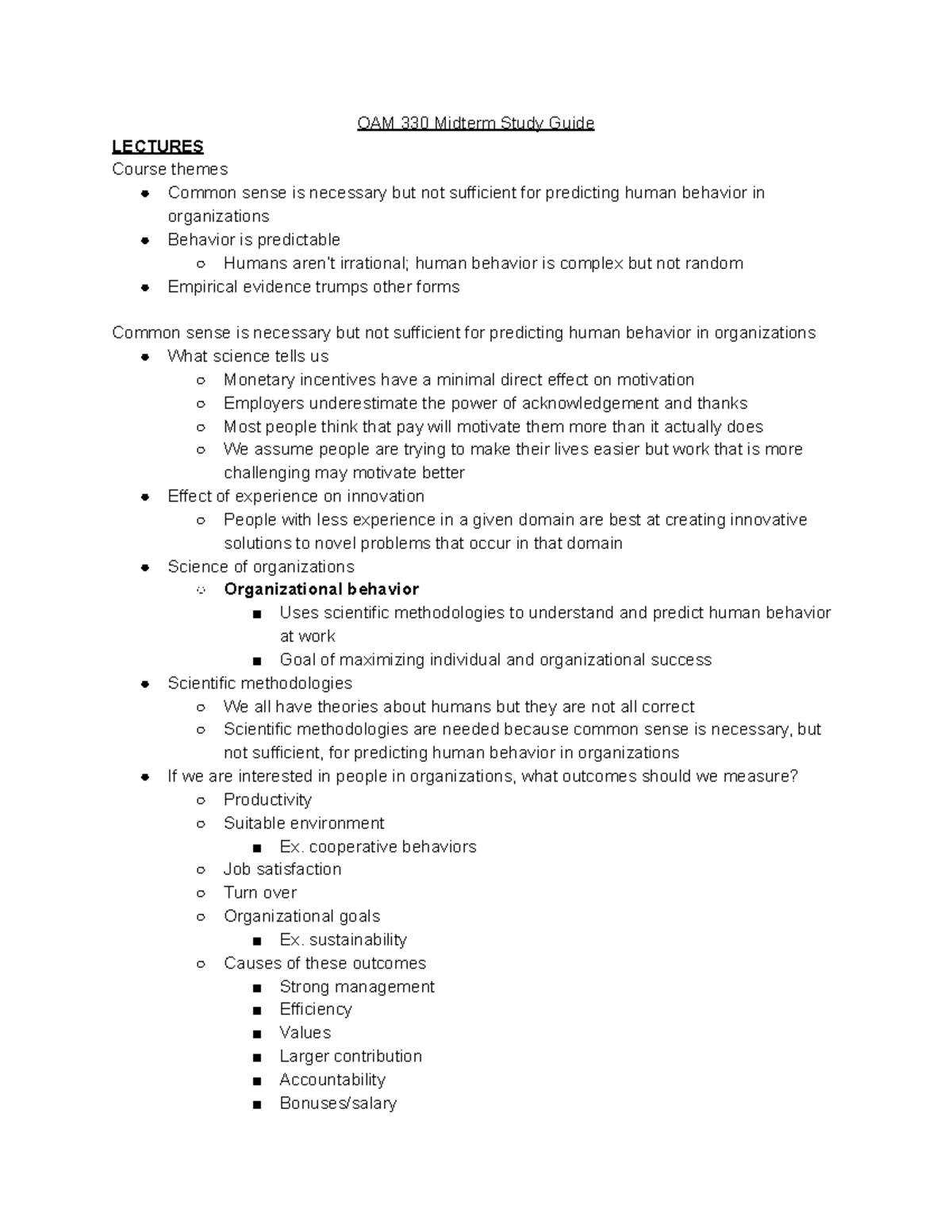 OAM 330 Midterm Study Guide: Key Concepts in Organizational Behavior ...