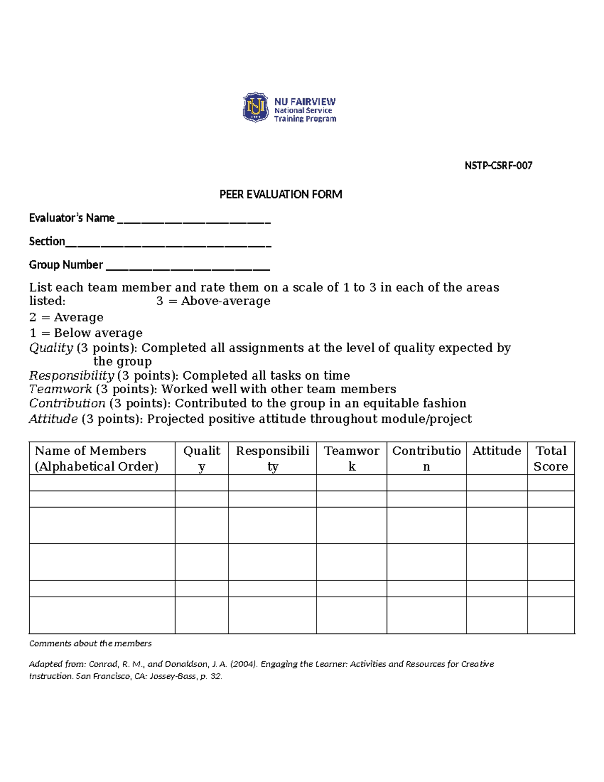 NSTP2 CSRF 007 PEER Evaluation Form for Team Assessment - Studocu