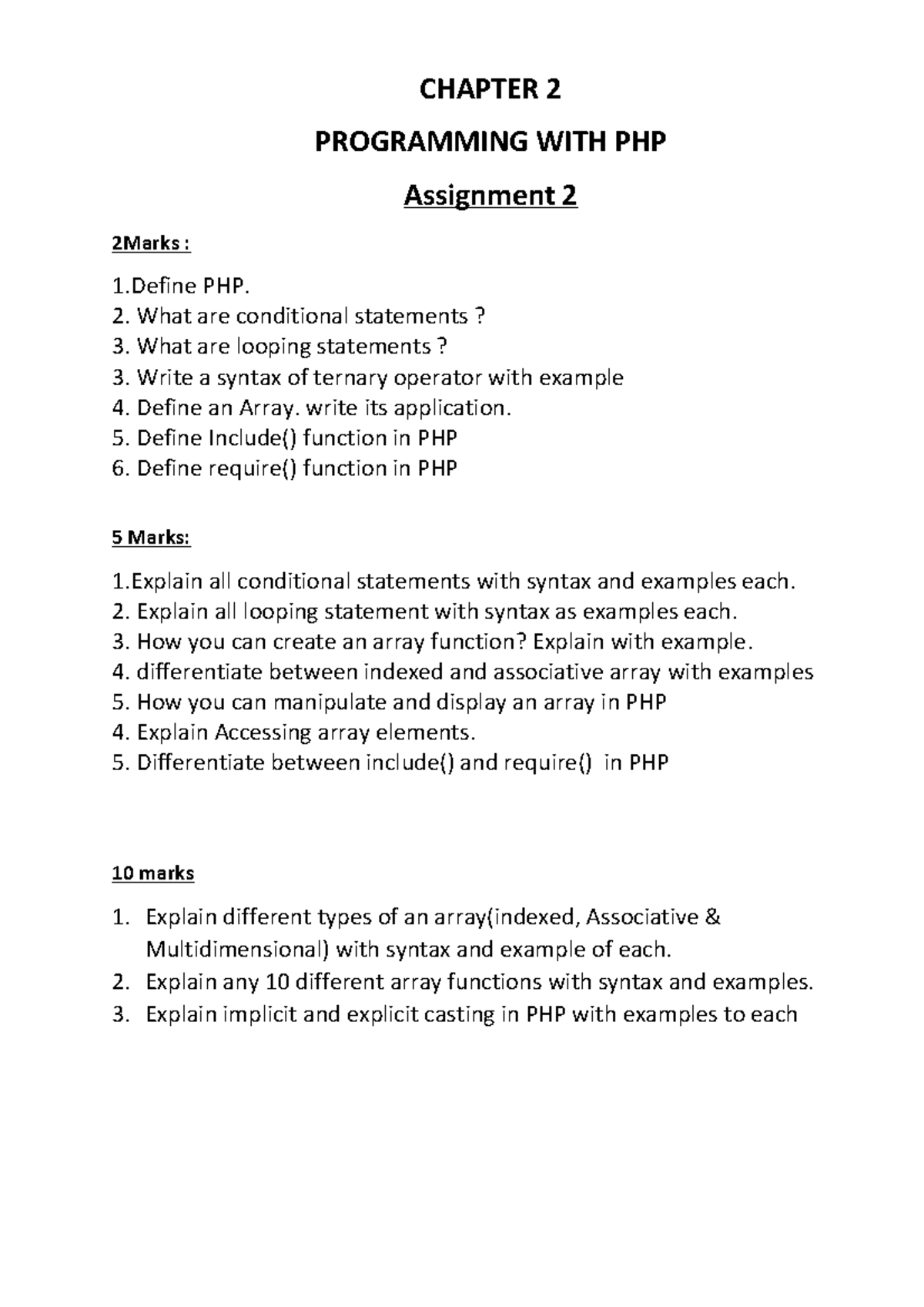 Php Assignment Questions Chapter 2 Programming With Php Assignment 2