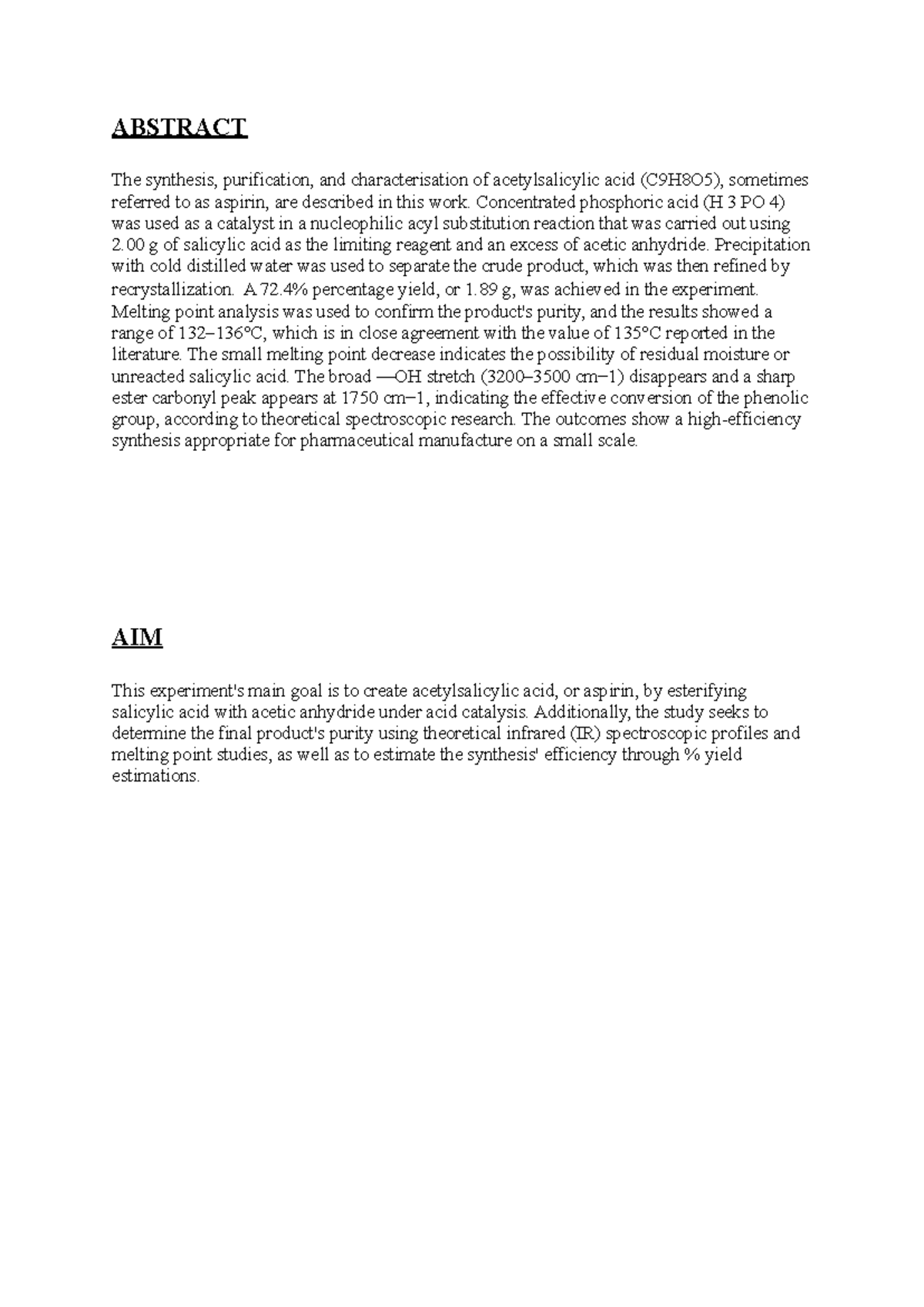 334 Exp 1 - Synthesis of Aspirin via Salicylic Acid Esterification ...