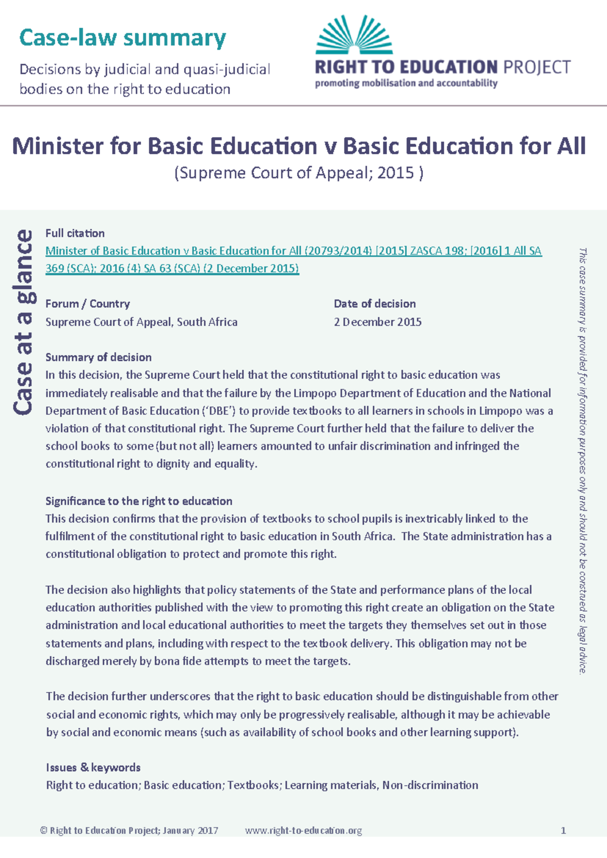 RTE Case Summary: Minister of Basic Education v Basic Education for All ...