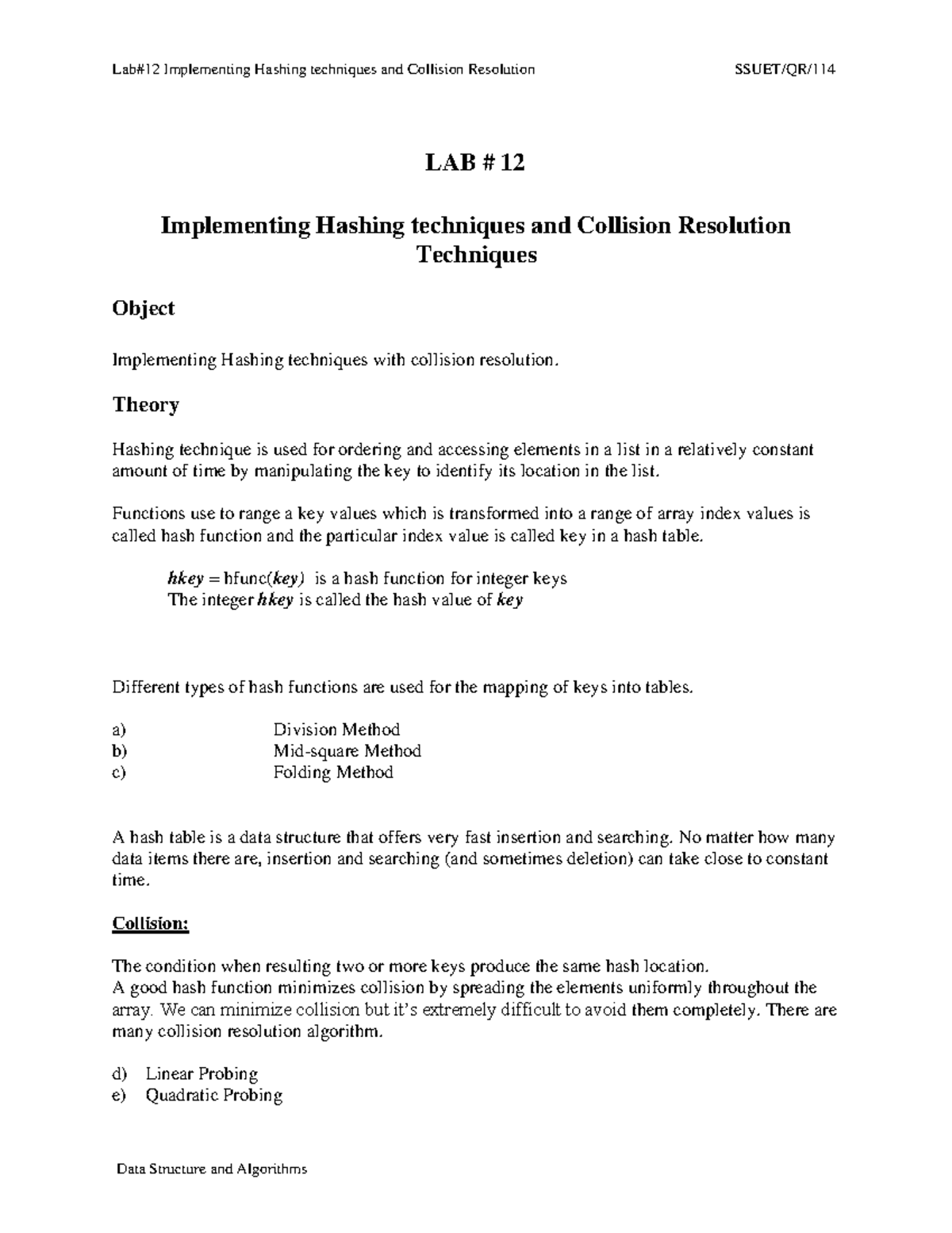 Lab 12 - DsA - Lab#12 Implementing Hashing techniques and Collision ...