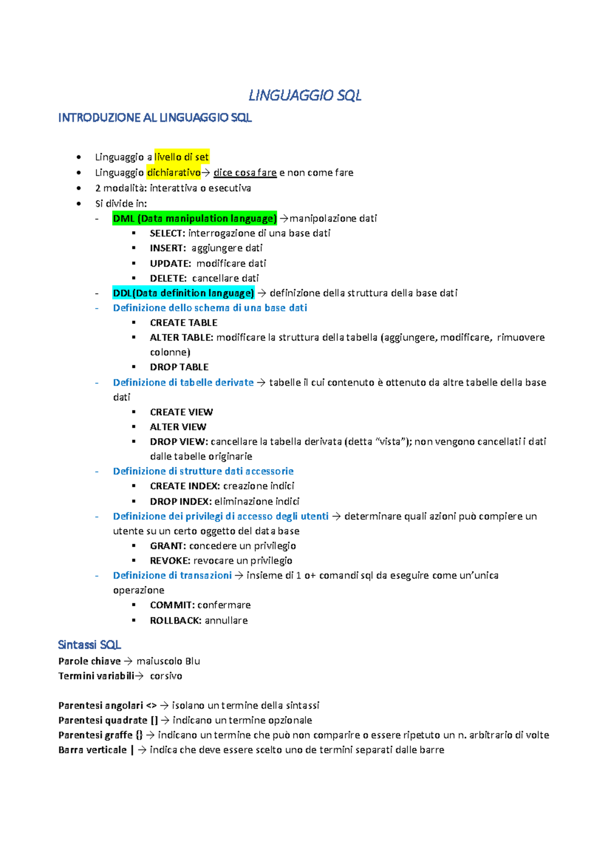 SQL PT 1 - RIASSUNTO COMPLETO SUL LINGUAGGIO SQL ESTRATTO - Studocu