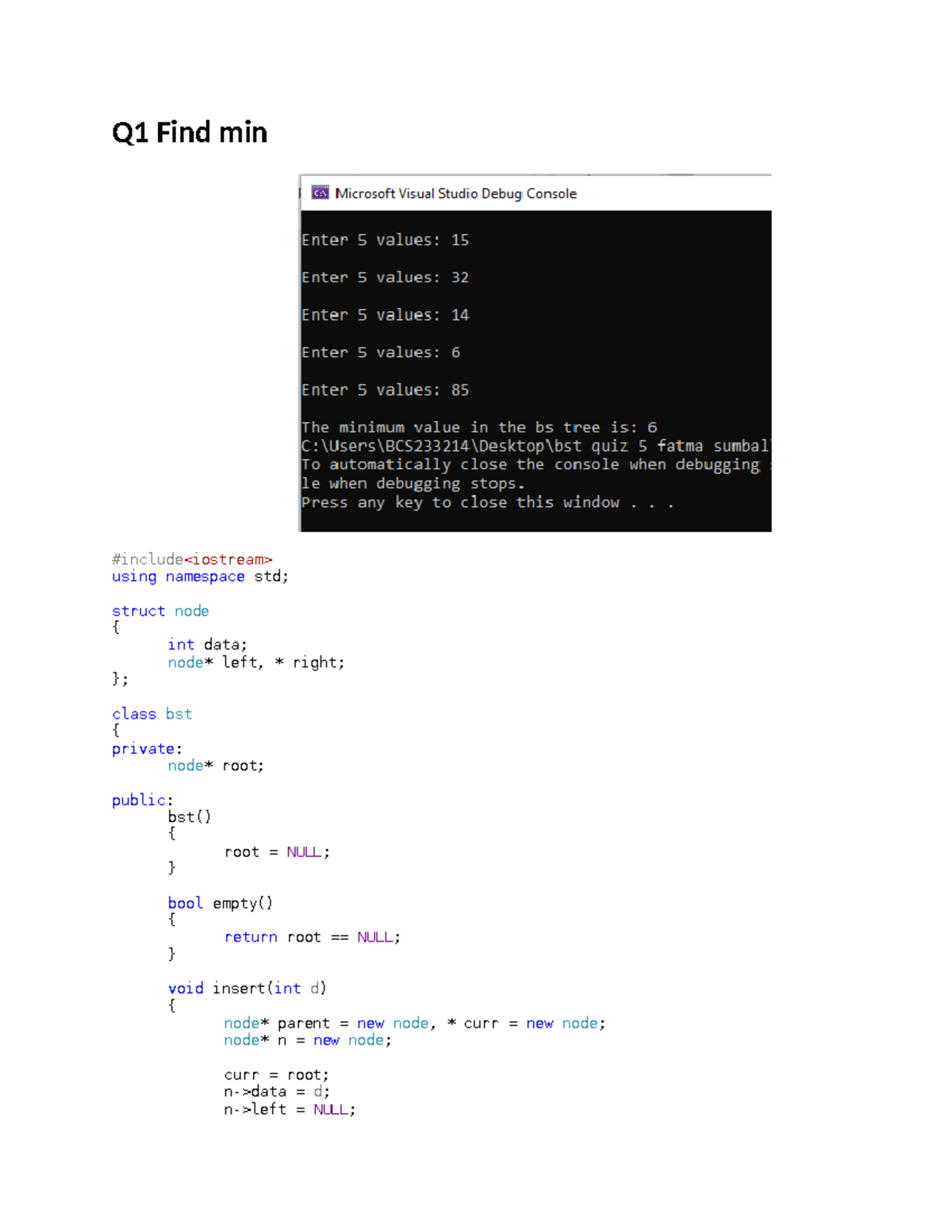 C++ code to Find the min value in a binary tree - Q1 Find min #include ...