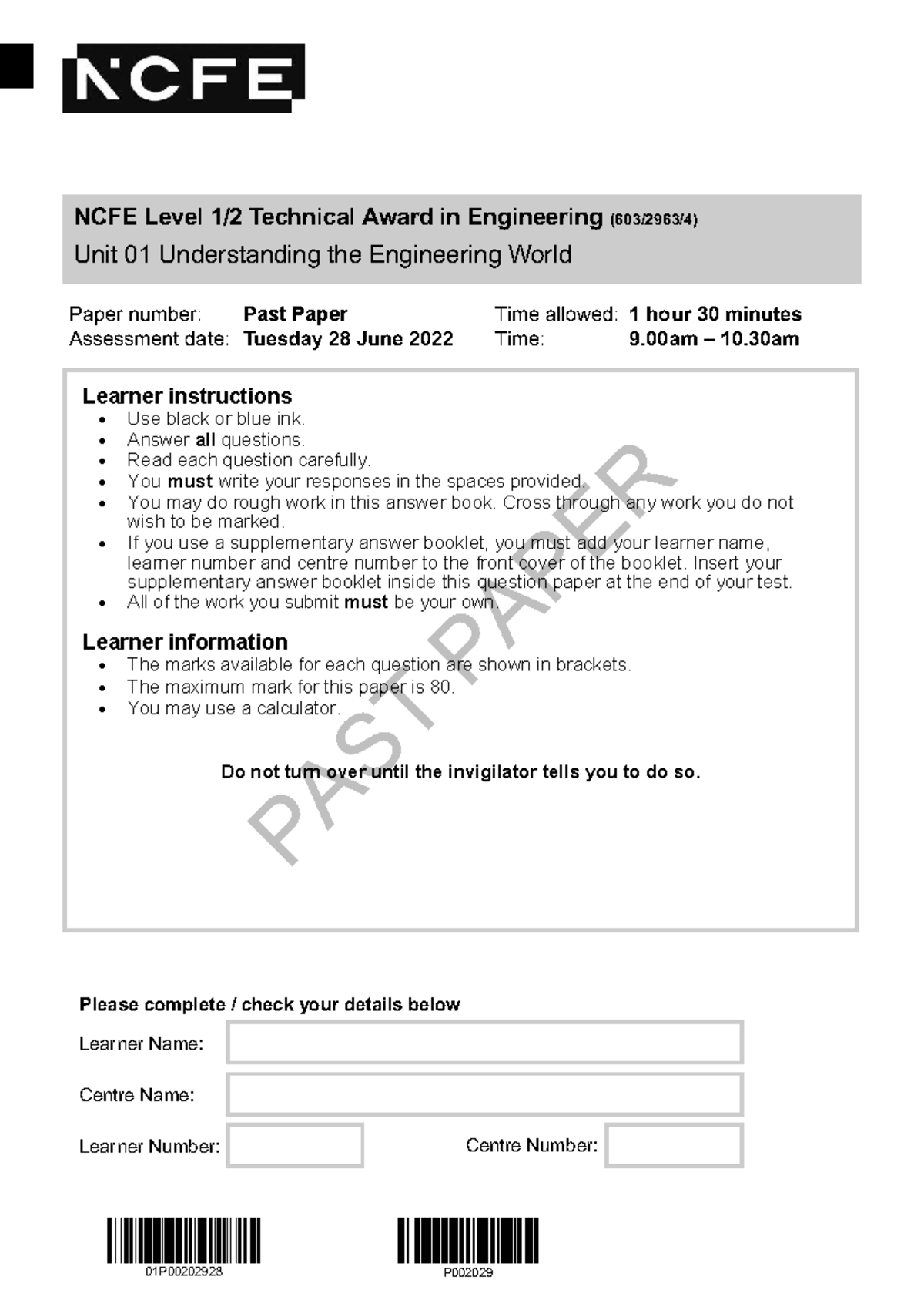 NCFE Level 2 Engineering Unit 01 Past Paper - June 2022 - Studocu