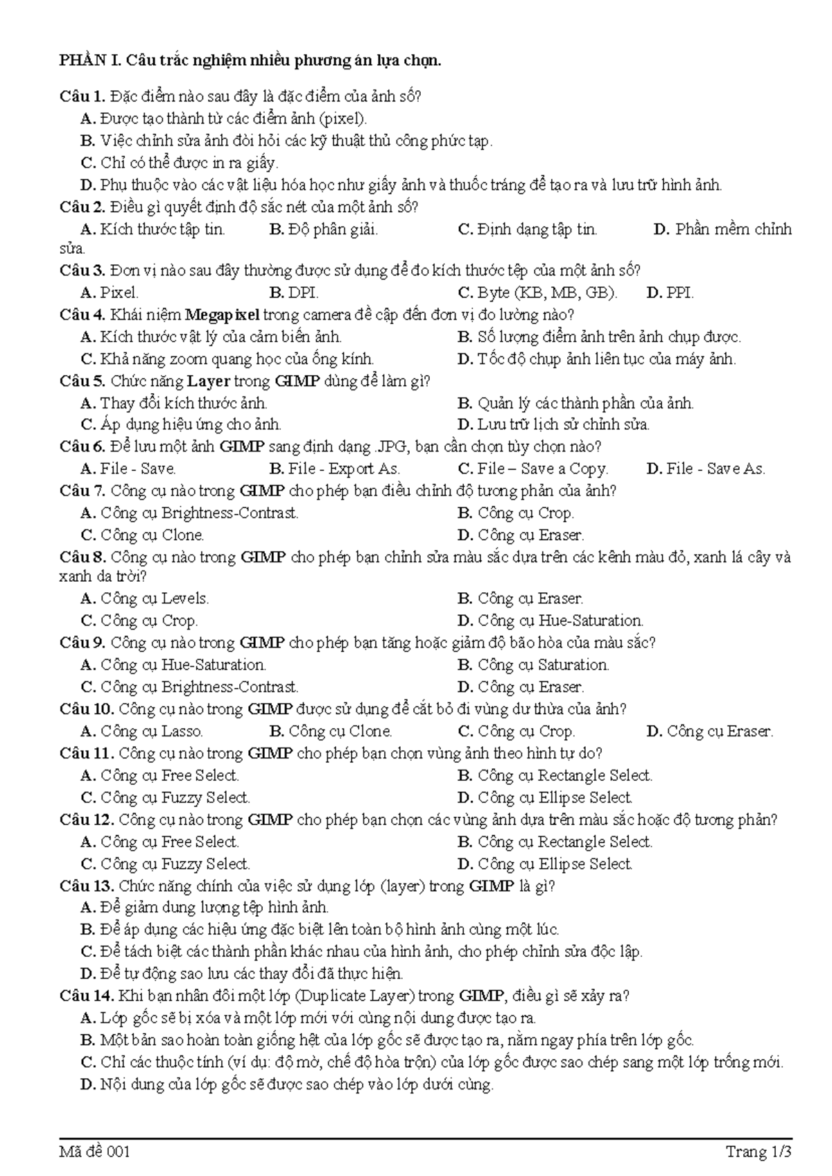 Câu Trắc Nghiệm 1 - DC CK2 K11: Ảnh Số và GIMP - Studocu
