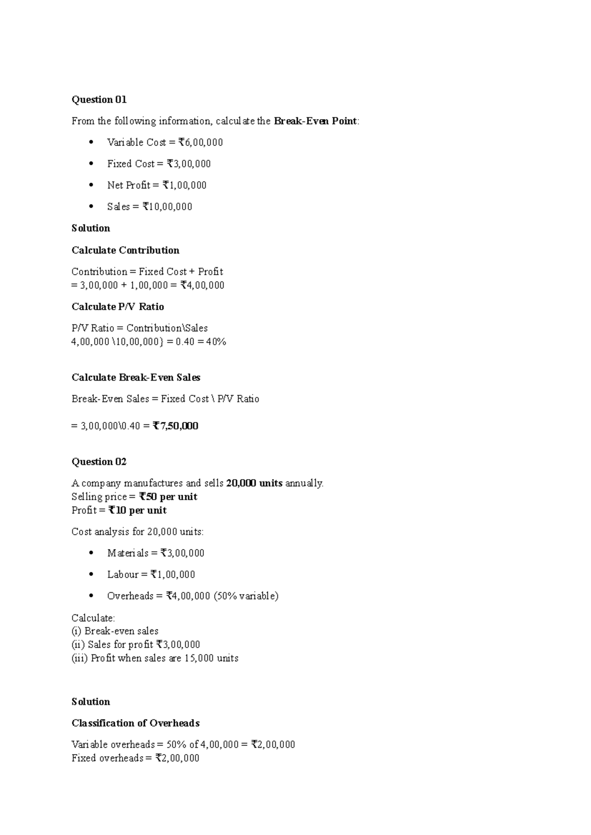 Unit 2 - Questions on Cost Analysis and Profit Calculation - Studocu