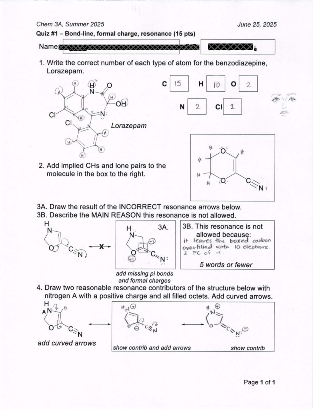 Chem 3A Summer 2025 Quiz: Charge & Resonance Concepts - Studocu