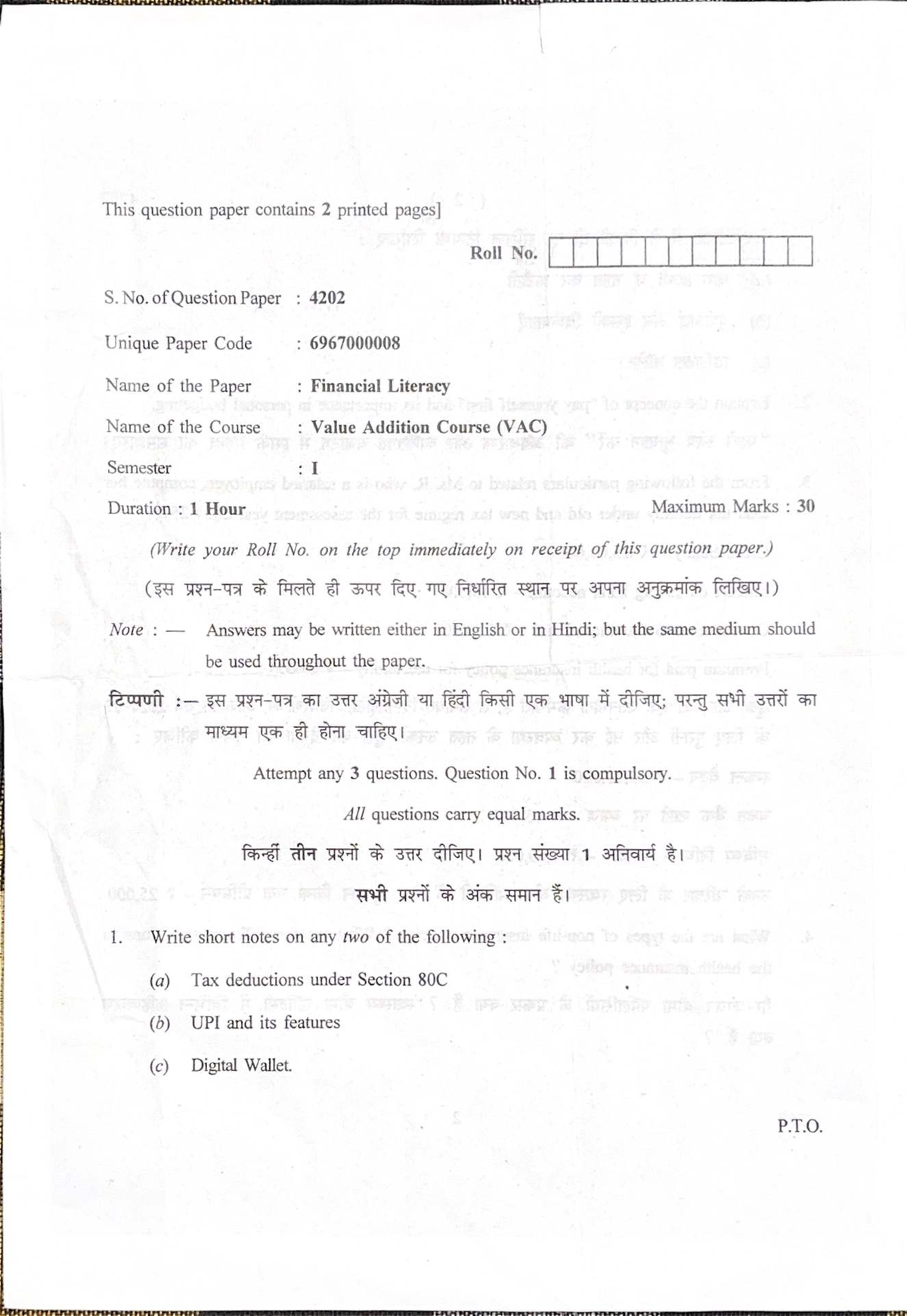Financial Literacy Question Paper - VAC Semester I (4202) - Studocu
