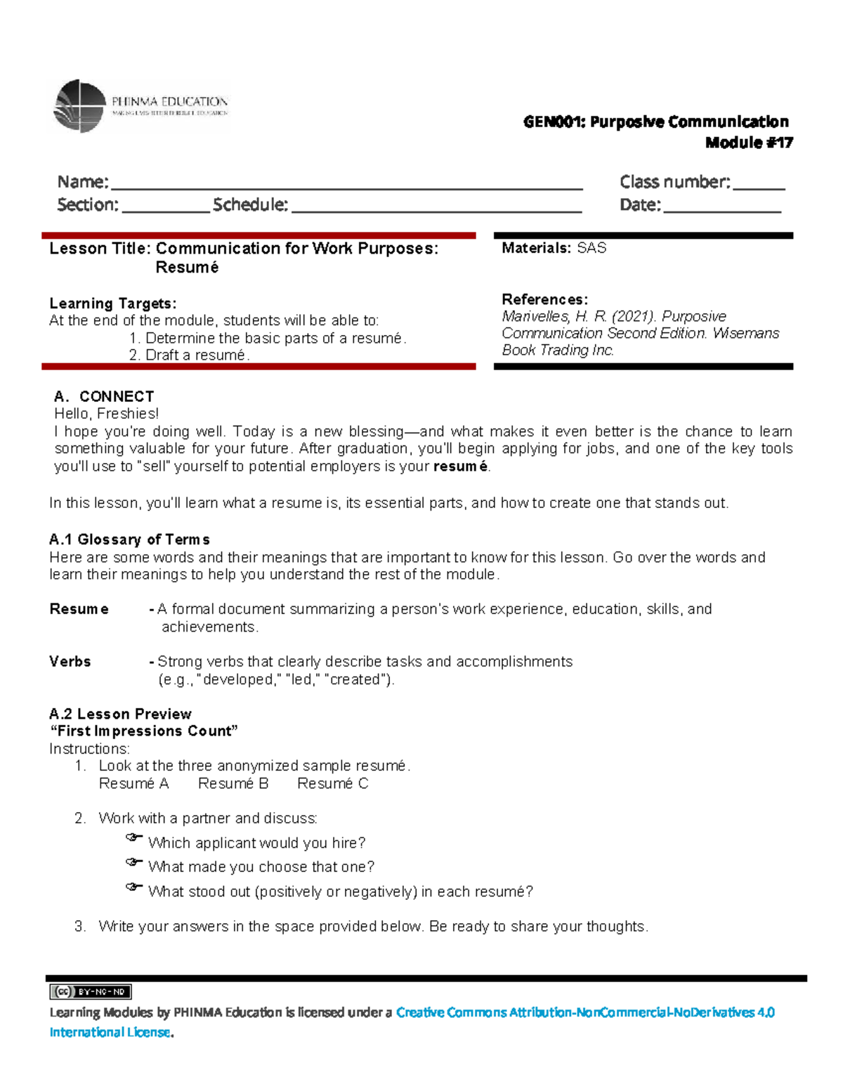 GEN001: Purposive Communication Module 17 - Crafting Effective Resumés ...